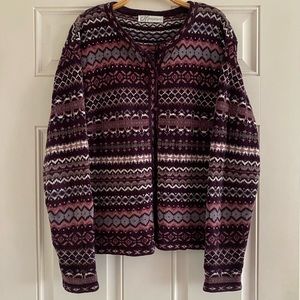 Vintage 90s Fair Isle Cardigan Sweater Cottage Core Nordic Purple White Striped